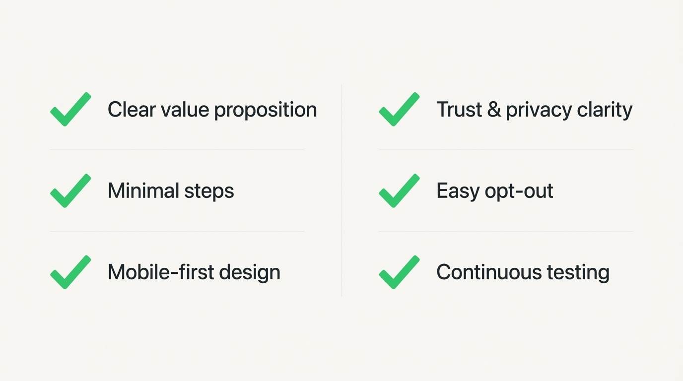 6-point checklist for improving WhatsApp opt-in conversion rates with green checkmarks in two-column layout